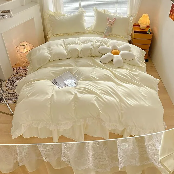 Innovative MOOWOO Chic Ruffle Lace Polyester Duvet Cover Set -Girl Yellow Bedding-2 Piece Twin Duvet Cover with Zipper Closure -Ultra Soft and Light Weight Light Yellow Twin Top-Quality