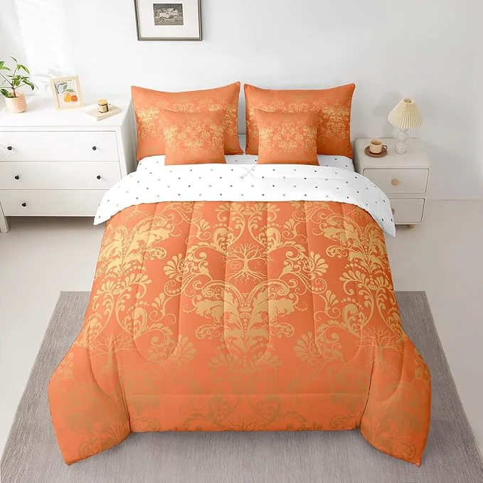 Fashionable Erosebridal Gothic Damask Bed in a Bag King Size Comforter Set 7 Pieces Sun Moon Tree of Life Bedding Sets Orange and Yellow Victorian Floral Goth Sheet Set with Comforter Prestigious