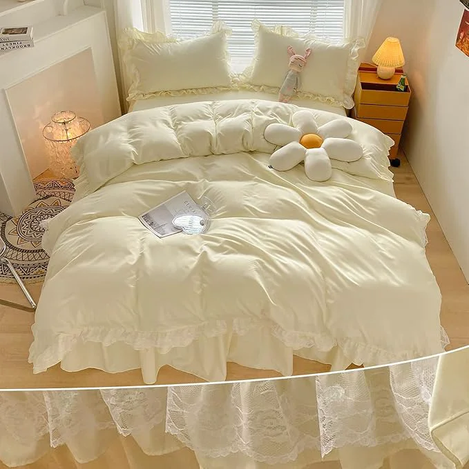 Natural MOOWOO Chic Ruffle Lace Polyester Duvet Cover Set -Girl Yellow Bedding-3 Piece Queen Duvet Cover with Zipper Closure -Ultra Soft and Light Weight Light Yellow Queen Healthy