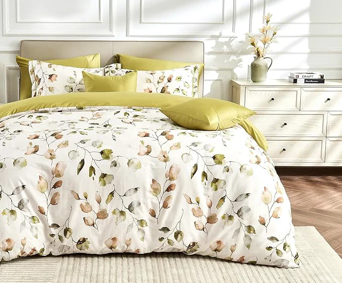 Convenient King Size Duvet Cover Set with Button Closure -Light Green and Yellow Botanical Luxury Bedding for a Comfortable Sleeping Innovative