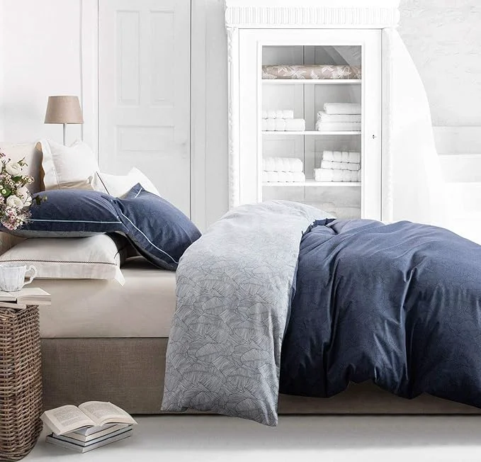 Top-Quality SLEEPBELLA Duvet Cover Queen Size 600 Thread Count Cotton Navy amp Grey Printed with Luxurious Blue Leaves Pattern Reversible Botanical Comforter Cover Sets Bedding Set 3Pcs Queen Navy-Blue Leaves Original Design