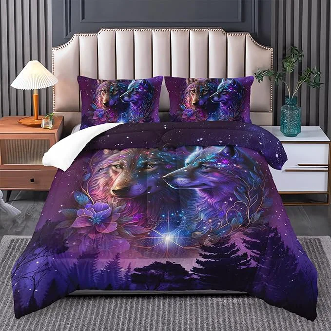 Contemporary Wolf Bedding Set – Queen Size Camping Theme Comforter Set with Animal Print Traditional