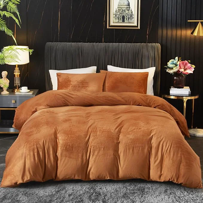 Sustainable Ivellow Velvet Duvet Cover Queen Set Burnt Orange Queen Comforter Cover 3Pcs Ultra Soft Breathable Solid Luxury Flannel Velour Duvet Cover Zipper Closure Corner Tie Modern