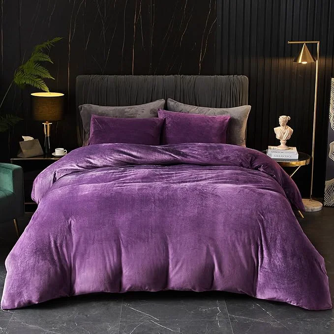 Unique Ivellow Velvet Flannel Duvet Cover Set King Size Purple Duvet Ultra Soft Breathable Cozy Velour Luxury Bedding Set Zipper Closure Corner Ties High-Performance