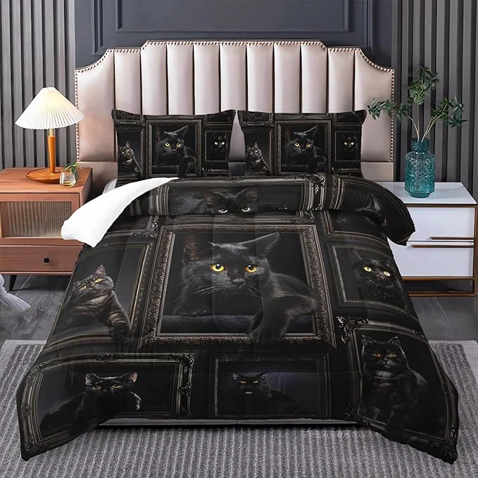 Smart Black Cat Comforter Set for Girls – Kawaii Twin Size Bedding for Teens Cute Room Decor Green