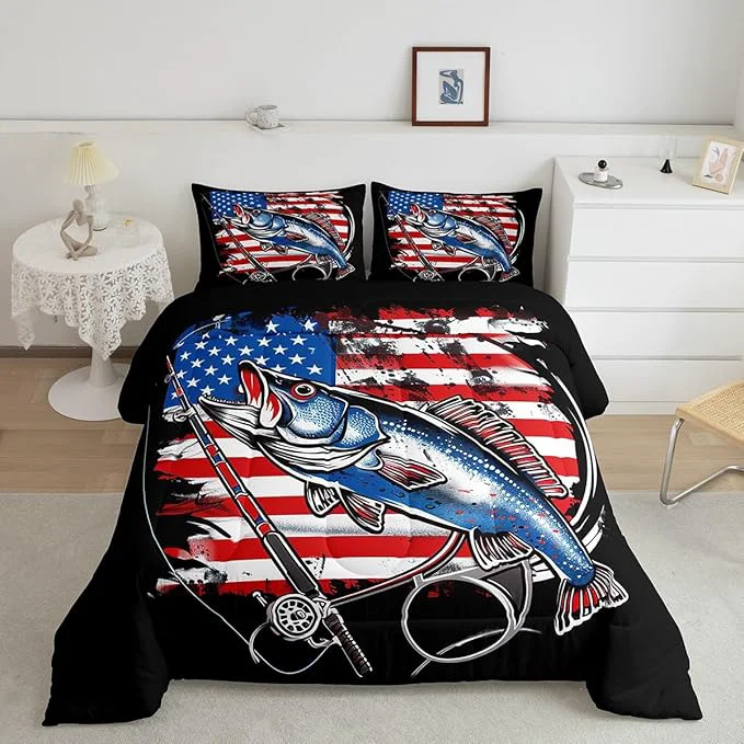 Reliable Fishing Comforter King Bass Fish American Flag Bedding Set Farmhouse Pike Fishing Comforter Set for Kids Boys Girls Teens Room Wild Fish Decor Red Blue Stripe Quilt Down Comforter Boys Sophisticated