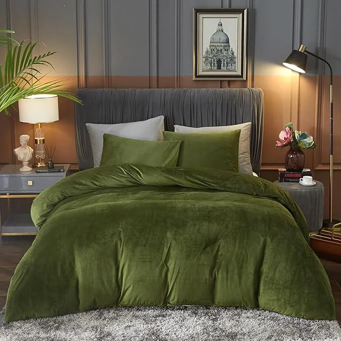Innovative Ivellow Velvet Flannel Duvet Cover King Size Olive Green Comforter Cover Ultra Soft Breathable Cozy Velour Duvet Cover Solid Luxury Bedding Set Zipper Closure Corner Ties Easy-to-Use
