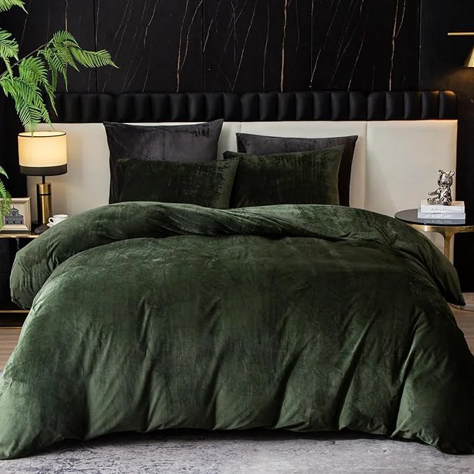 Efficient Ivellow Velvet Duvet Cover King Set Dark Green Comforter Cover 3Pcs Ultra Soft Cover Breathable Solid Luxury Flannel Velour Duvet Cover Zipper Closure Corner Tie
