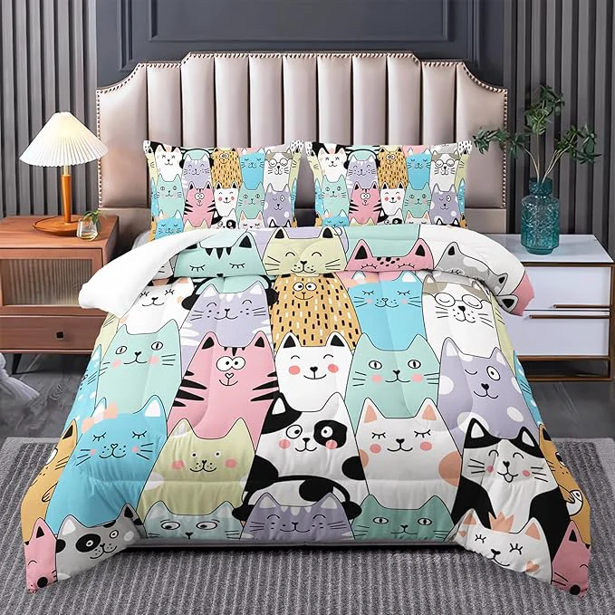 High-Grade Queen Cat Comforter Set for Girls – Kawaii Queen Size Bedding Cute Comforter Set for Teen Girls Fine Crafted