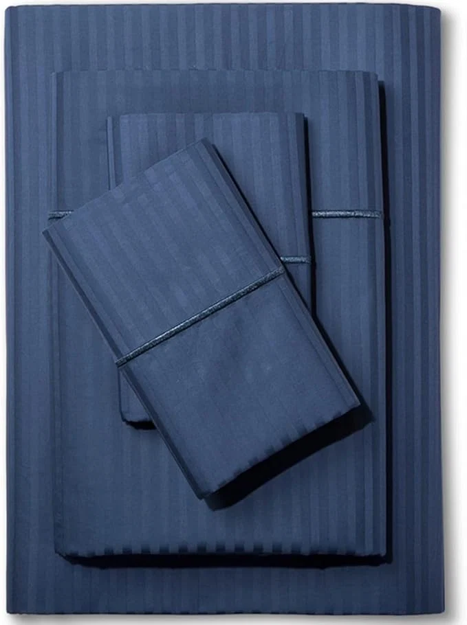 Fast Feather amp Stitch 500 TC Queen Size Damask Bed Sheet Set Cotton Soft Breathable Bedsheets 4 Piece 18 quot Deep Pockets Sateen Weave Striped Bedding Mattress Resort Hotel Luxury – Dark Blue Stripe Elegant