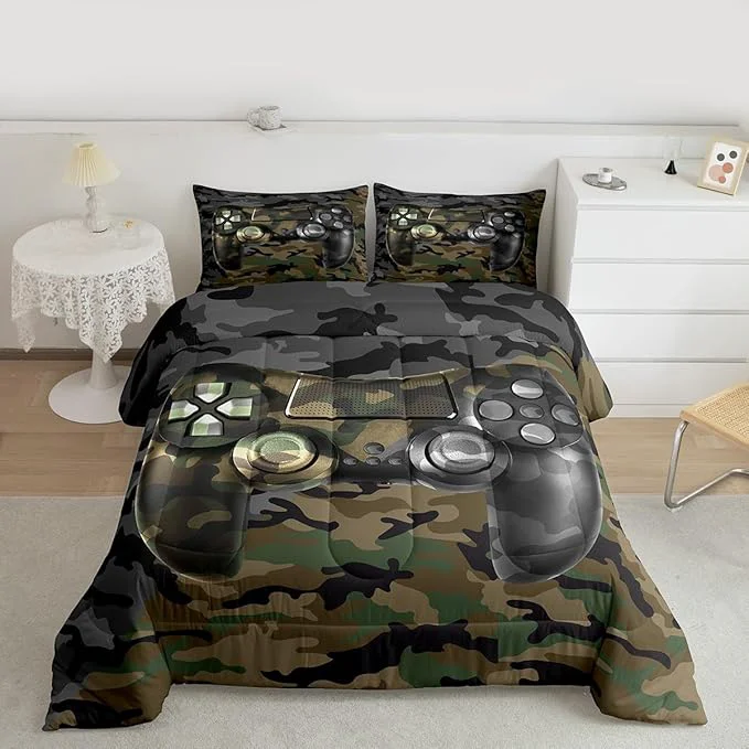 Premium Kids Gamer Comforter Set Camouflage Gaming Bedding Set for Boys Teens Bedroom Green Black Camo Video Game Decor Comforter Gamer Console Quilt Set Full Size Duvet Quilted 3Pcs Powerful