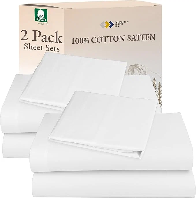 Breathable California Design Den Cotton Bed Sheets – 2-Pack Twin Sheets Set – Sateen Weave Soft amp Durable 12 quot Pocket Bedding Set – White Refined
