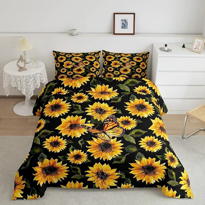 Advanced Feelyou Sunflower Bedding Set Girls Yellow Floral Butterfly Comforter Chic Flowers Pattern Comforter Set for Kids Teens Botanical Nature Duvet Set Ultra Soft Room Decor Twin Size Responsible