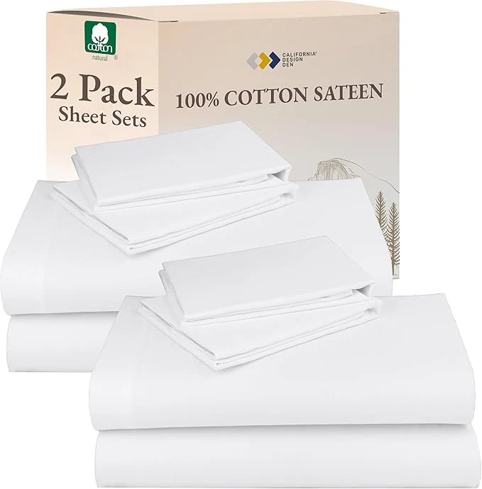 Flexible California Design Den Cotton 2-Pack Sateen Sheets for Queen Size Bed Set – Soft amp Durable Sateen Queen Sheet Set with Deep Pockets White Clean