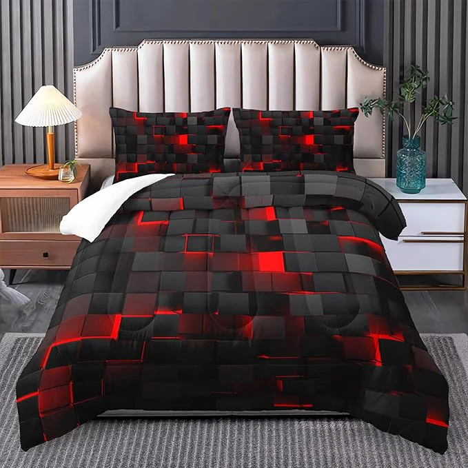 Quality red and Black Queen Size Comforter Set red and Black Room Decor for Bedroom for Women Queen Quilt Bedding Set Geometry Pure