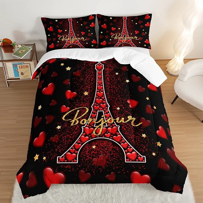 Soft Eiffel Tower Queen Size Comforter Sets Red Loving Heart Romantic Couple Bedding Set Paris Bedding Comforter Sets for Women Room Eiffel Tower Decor with 2 Pillowcases. Traditional