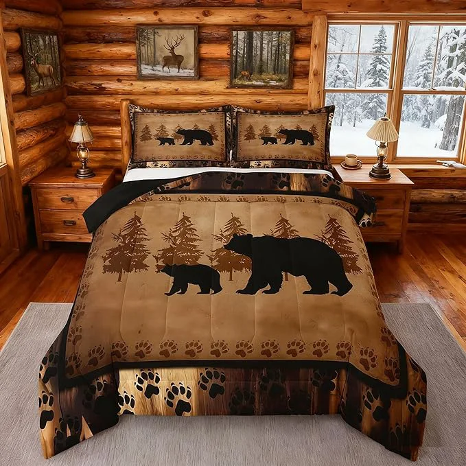 Flexible Feelyou Bear Comforter Set King Size Farmhouse Wild Animal Comforter Retro Cabin Lodge Bedding Set for Kids Boys Girls Brown Bear Paws Duvet Rustic Bedroom Decor Quilted 3Pcs Solid