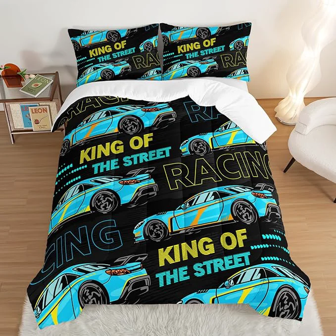 Safe Car Bed for Boys King Comforter Set Kids Racing Car Comforter Extreme Sports Bedding Set for Teens Boys Race Car Room Decor Cool Blue Themed Children 39 s Bedding with 2 Pillowcases. Flexible