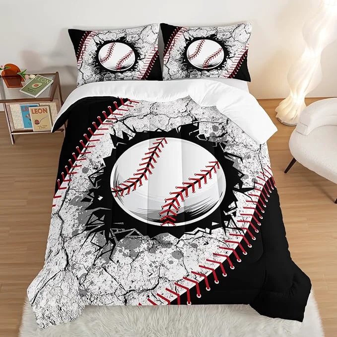 Genuine Baseball Comforter Sports Bedding Sets for Boys Sports Gamer Bedding Set for Kids Girls Boys Room Decor Black White Baseball Printed Queen Bed Comforter Set with 2 Pillowcases. Trendy