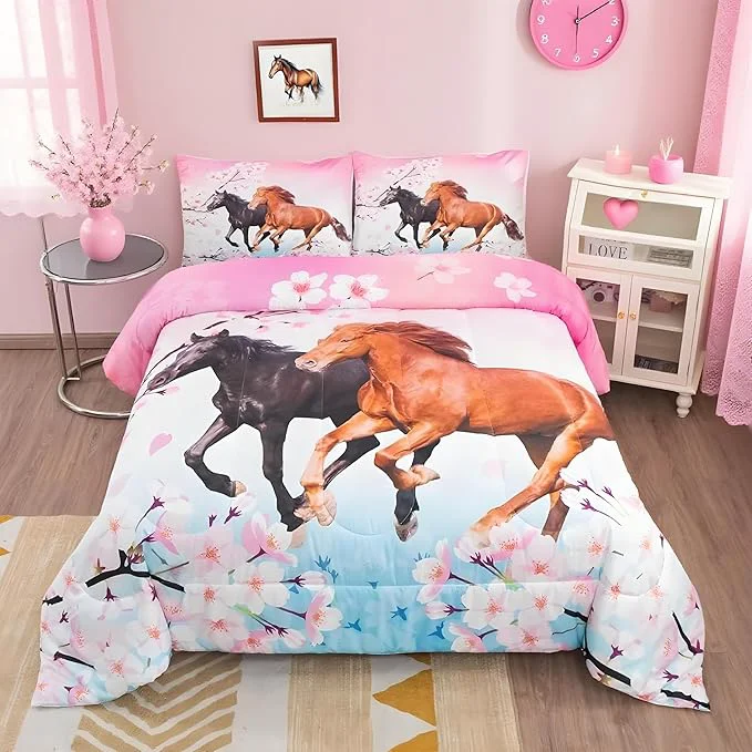 Powerful Feelyou Kids Horse Bedding Set Chic Cherry Blossom Bedding Comforter Set for Girls Teens Galloping Horse Printed Comforter 3D Wild Animal Duvet Set Bedroom Decor Quilt Set 3Pcs Queen Size Practical