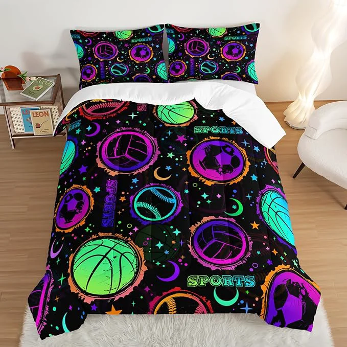 Refined Ball Games Bedding Basketball Football Baseball Queen Comforter Set Colorful Neon Stars and Moon Bedding Set for Kids Girls Boys Room Decor Sports Aesthetic Bedding Sets with 2 Pillowcases. World-Class