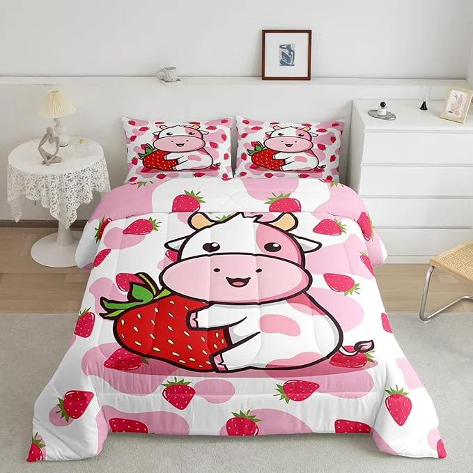 Pure Feelyou Milk Cow Comforter Pink White Cow Strawberry Pattern Comforter Set Bedding Set for Kids Adults Kawaii Girls Milk Cow Print Duvet Set Ultra Soft Room Decor Toddler Size Quilt Set User-Friendly