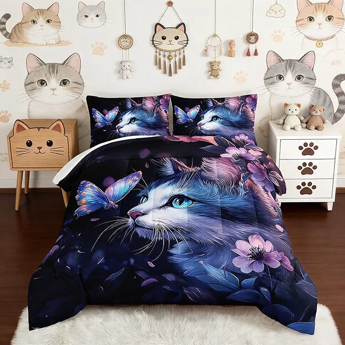 Proven Kids Cat Comforter Set Queen Size Fantasy Cats Butterfly Flowers Bedding Set for Kids Girls Kawaii Room Decor Cute Little Animal Themed Toddler Bedding Set with 2 Pillowcases. Consistent
