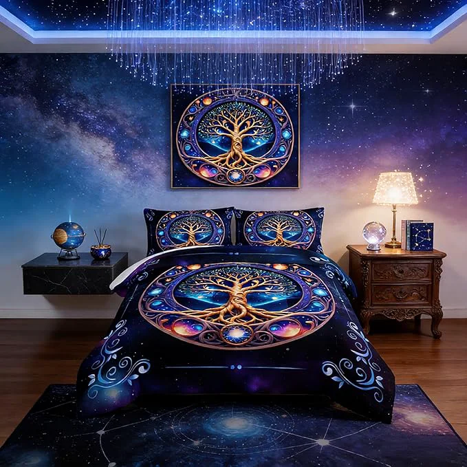 Proven Tree of Life Bedding Queen Comforter Set Mystic Planet Starry Sky Printed Bedding Comforter Sets for Kids Boys Girls Room Decor Bohemian Bedding Puffy Comforter Sets 2 Pillowcases. Fine