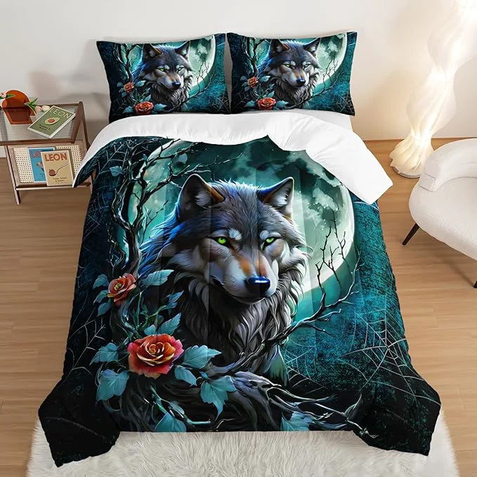 High-Performance Wildlife Themed Bedding Wolf Comforter Set Spooky Spider Web Vine Print Comforter King Kids Bed in a Bag Moonlight Aesthetic Bedding Sets for Boys Teens Room Decor with 2 Pillowcases. Healthy