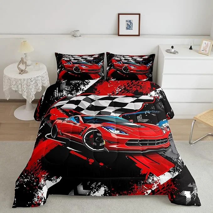 Clean Car Bedding Set for Boys King Size Racing Sports Car Comforter Kids Extreme Sports Comforter Set Girls Teens Cool Speed Automobile Decor Bed Duvet Set Soft Lightweight Boys Smooth