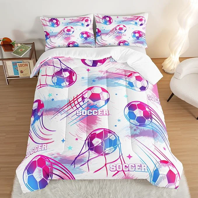 Superior Ball Games Bedding Football King Comforter Set Pink and Blue Soccers Stars Bedding Set for Kids Girls Boys Room Decor Sports on The Court Aesthetic Bedding Sets with 2 Pillowcases. High-Grade