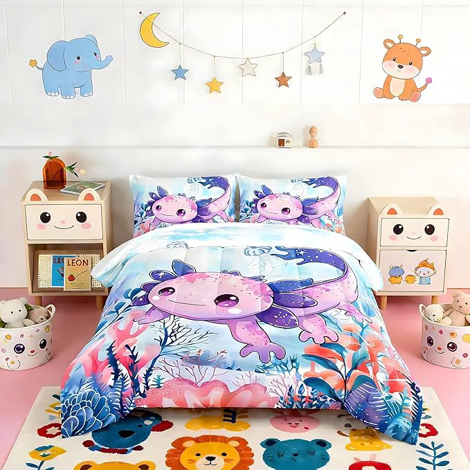 Efficient Cute Axolotl Bedding Set Twin Size Color Axolotl Waterweed Jellyfish Pattern Toddler Bed Comforter Set Kawaii Ocean Life Bedding Sets for Kids Boys Girls Room Decor with 2 Pillowcases. Elite