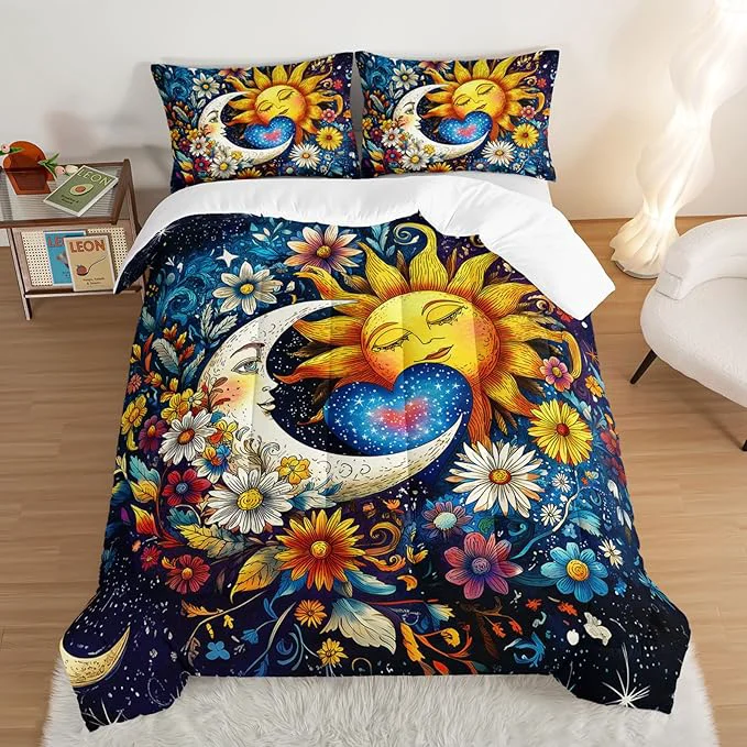 Excellent Bedding Sun and Moon Set Queen Size Colorful Flowers Bohemian Exotic Gothic Comforter Sets for Kids Teens Girls Room Decor Universe Galaxy Bedding with 2 Pillowcases. Functional