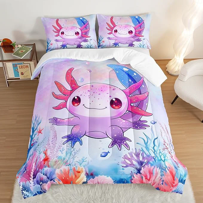 Luxury Cute Axolotl Bedding Set Full Size Pink Axolotl Waterweed Pattern Toddler Bed Comforter Set Kawaii Sea Life Bedding Sets for Kids Boys Girls Room Decoration with 2 Pillowcases. Quality