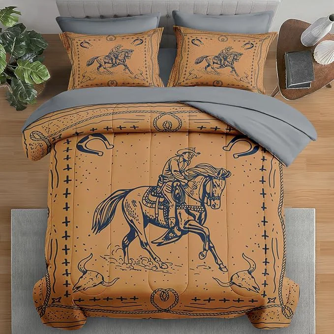 Crafted Comforter Set King Size Western Cowboy Retro 7 Pcs Bedding for Kids and Adults Vintage Horse Animal Bed Sheet Sets with Fitted Sheet 2 Pillowcases amp 2 Shams for Bedroom Bed Decor Relaxed