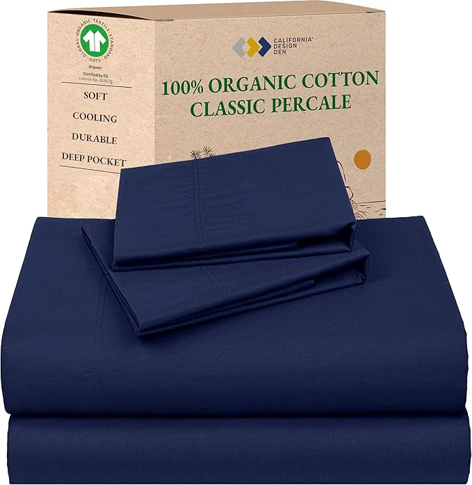 High-Performance California Design Den King Size Sheets Deep Pocket Set – Soft Organic Cotton Sheets Crisp Percale Breathable and Durable Bedding Set – Navy Blue Fashionable