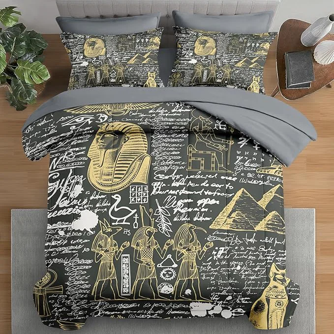 Powerful Comforter Set Queen Size Retro Egyptian Egypt 7 Pcs Bedding for Kids and Adults God Pharaoh Abstract Bed Sheet Sets with Fitted Sheet 2 Pillowcases amp 2 Shams for Bedroom Bed Decor Luxury