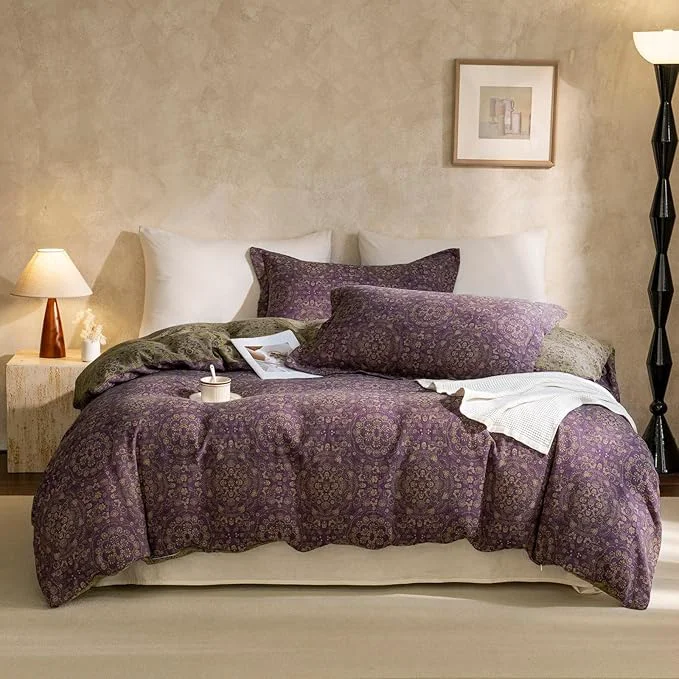 Modern mixinni Purple Green Floral Duvet Cover Queen Size Elegant Double-Layer Yarn Premium Cotton Vintage Duvet Cover Set Exquisite Jacquard Design Bedding Set with 2 Pillowcases for Him and Her Lightweight