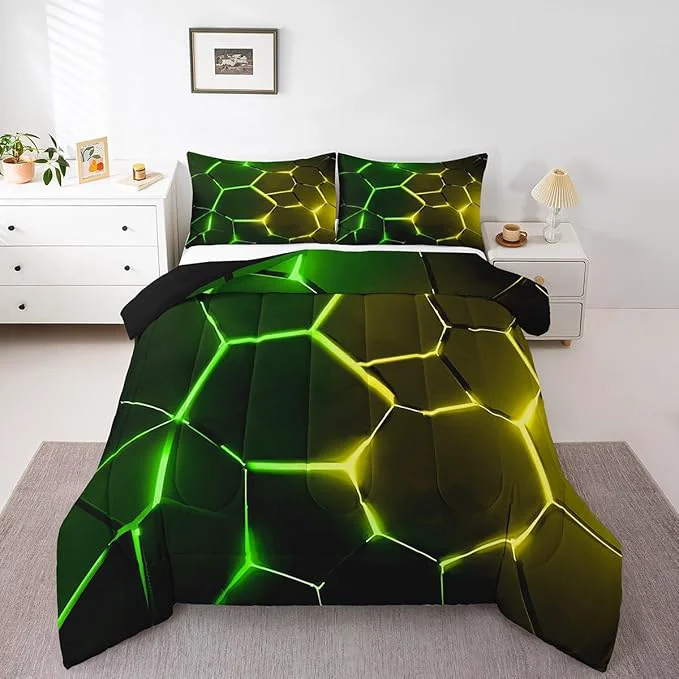 Practical Feelyou Honeycomb Comforter Green Yellow Hexagonal Print Bedding Set for Kids Boys Girls Children Beehive Geometrical Comforter Set Ultra Soft Decor Reticulated Duvet Set Queen Size Genuine