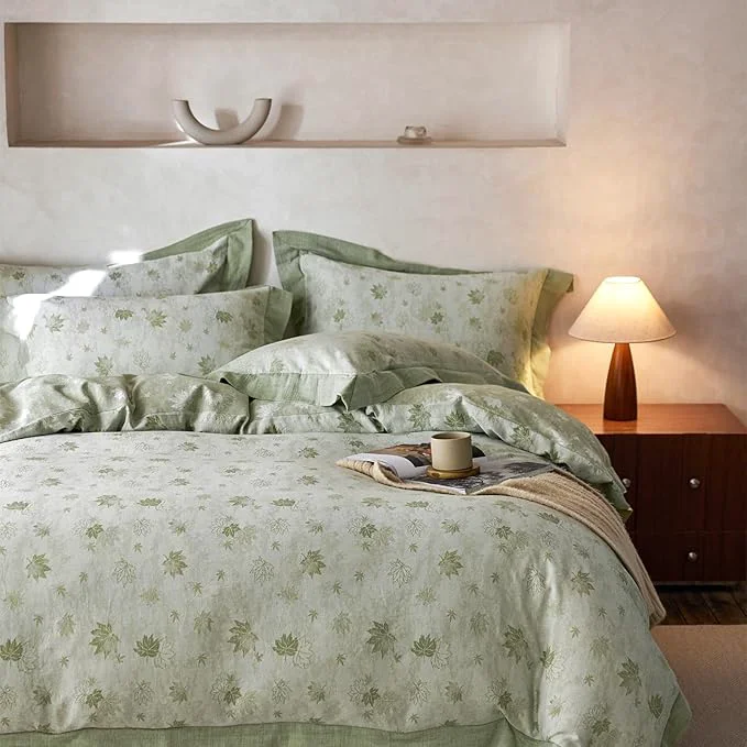 Eco-Friendly mixinni Yarn-Dyed Jacquard Duvet Cover Queen Green Botanical Leaf Print 3-Piece Bedding Set with Wide Edge Piping Soft Breathable Double Layer Gauze for All Seasons 1 Duvet Cover 2 Pillowcases Classic