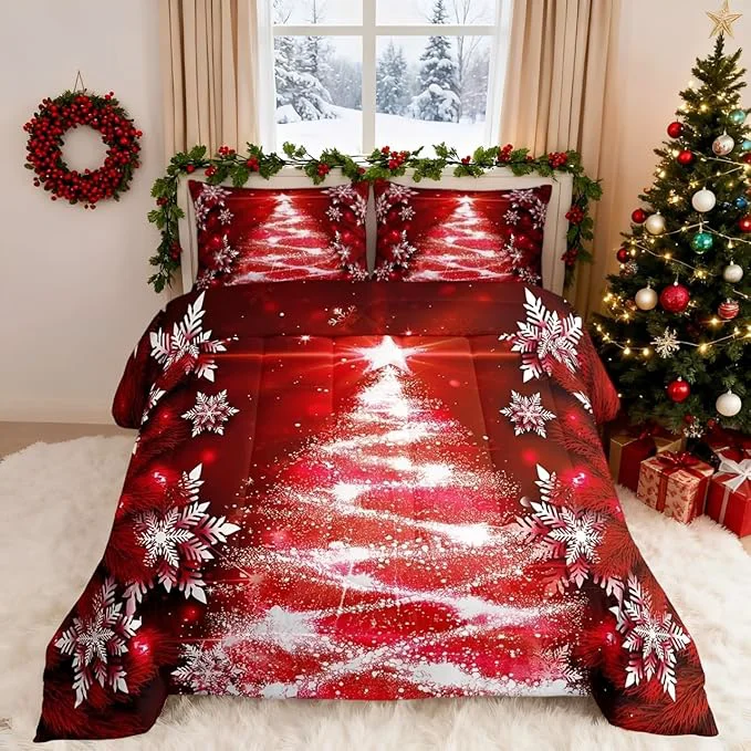 Relaxed Feelyou Christmas Comforter Set King Size Red Christmas Tree Bedding Set Glitter Snowflake Comforter Microfiber Kids Adults Holiday Winter Duvet Quilt Xmas Room Decor Next-Generation