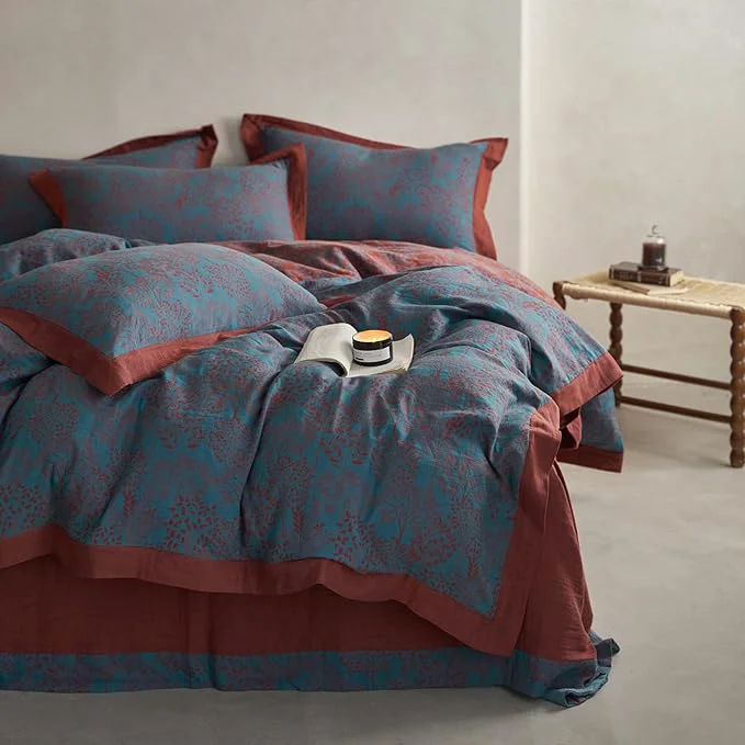 High-Performance mixinni Muslin Cotton Vintage Blue Floral Duvet Cover Queen Size 3pcs Yarn Dyed Burgundy Jacquard Weave Bedding Comforter Cover Soft Breathable Bedding Sets for All Season-Queen Size Pure