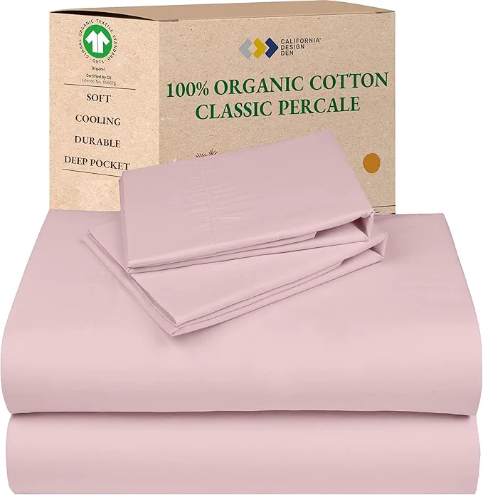 Verified California Design Den Organic Cotton Sheets King Size Deep Pocket Set – Soft and Crisp Percale King Sheet Set Cooling and Durable Bedding Pink – Chalky Tone Authentic
