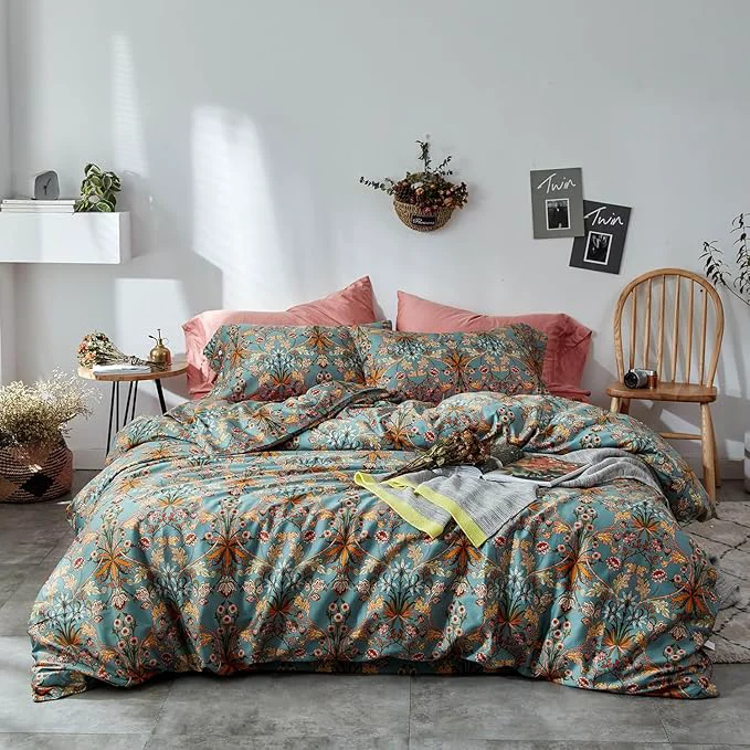 Powerful mixinni Vintage Style Garden Flower Duvet Cover Set with Zipper Closure Long Staple Percale Cotton Yellow Vibrant Pattern on Bedding Quilt Cover Set California King All Season Detailed