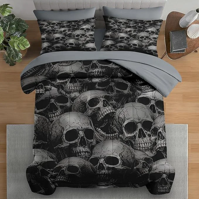 Fashionable Comforter Set Full Size Skeleton Retro 7 Pcs Bedding for Kids and Adults Spooky Horror Gothic Bed Sheet Sets with Fitted Sheet 2 Pillowcases amp 2 Shams for Bedroom Bed Decor Certified