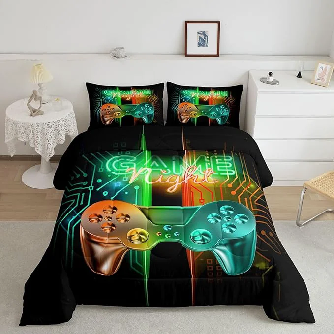 Next-Generation Feelyou Gamer Comforter Kids Gaming Video Game Comforter Set for Boys Teens Noverlty Modern Gamepad Bedding Set Breathable Gamer Console Bedding Duvet Set Bright Orange Green Room Decor Full Size High-Grade