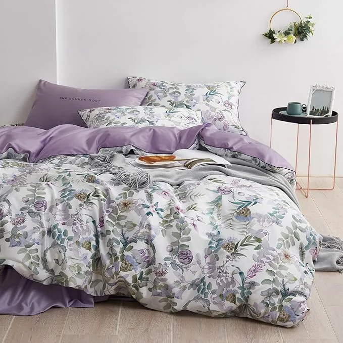 Refined mixinni Garden Style Purple Floral Printed on White Duvet Cover Queen Size Flower Leaves Pattern Long Staple Cotton Bedding Set with Zipper Ties for Him and Her Easy Care Soft and Breathable Reliable