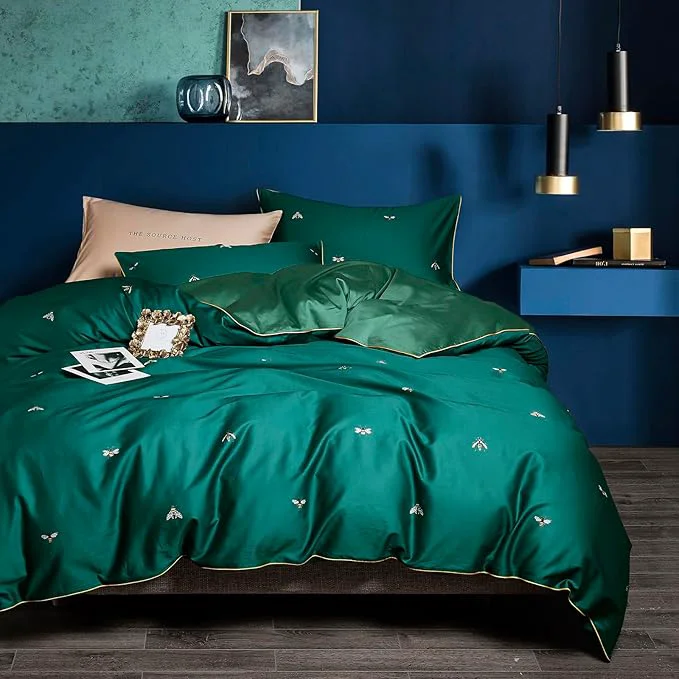 Fine Crafted mixinni Dark Green Duvet Cover King Size Long Staple Cotton Honeybee Floral Pattern 3pc Bedding Duvet Cover Set with Zipper Ties 2 Pillowcases for Him and Her-King Size Smooth