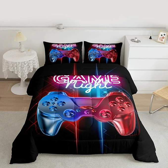 Casual Boys Gaming Comforter Set Queen Size Teens Gamer Bedding Set Modern Blue Red Video Game Controller Comforter For Kids Children Youth Bedroom Decor Multi-Color Gamer Console Action Buttons Duvet Set Dependable