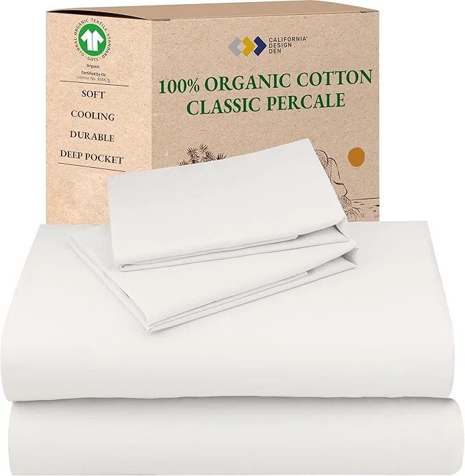 Safe California Design Den Sheets Queen Size Bed Set – Soft Organic Sheets with Deep Pockets Crisp Percale Breathable and Durable Bedding Set – True Ivory Modern